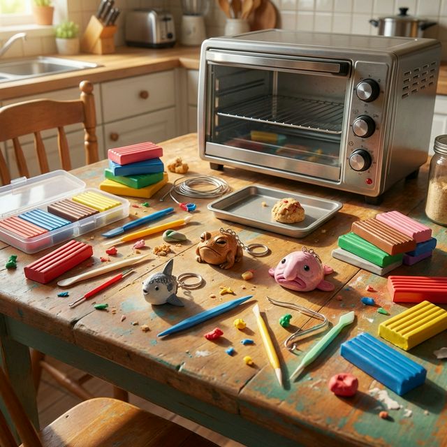Kitchen table polymer clay workspace with toaster oven