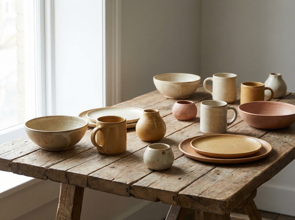 Collection of earthy ceramic mugs and bowls