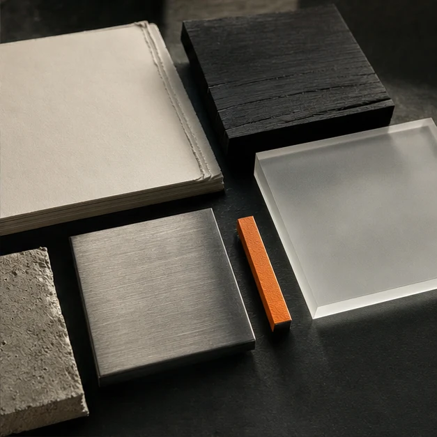 A restrained materials library of uncoated paper, blackened wood, stone, brushed metal, frosted glass, and orange card