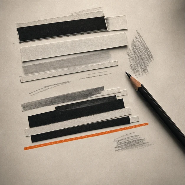 Paper message strips edited with graphite, black redactions, and one orange underline