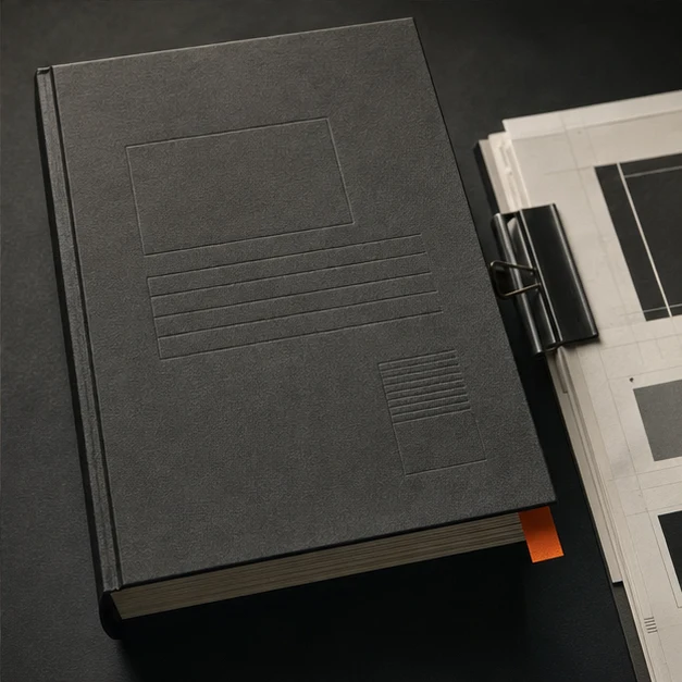A charcoal blind-embossed standards binder beside clipped monochrome layout proofs and an orange calibration tab