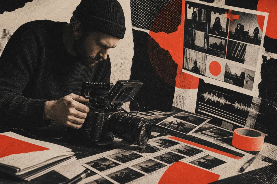 Filmmaker preparing a cinema camera among contact sheets and production notes