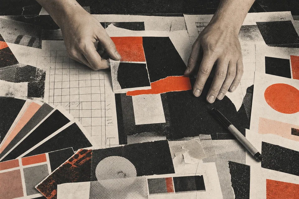 Hands arranging orange, cream, and charcoal paper shapes on a design table