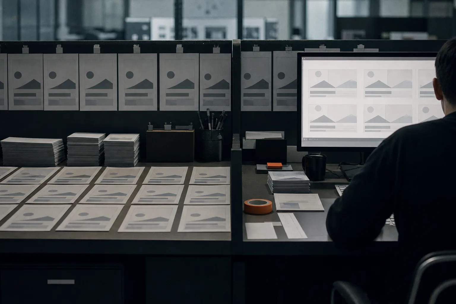 An anonymous operator surrounded by rows of identical content templates
