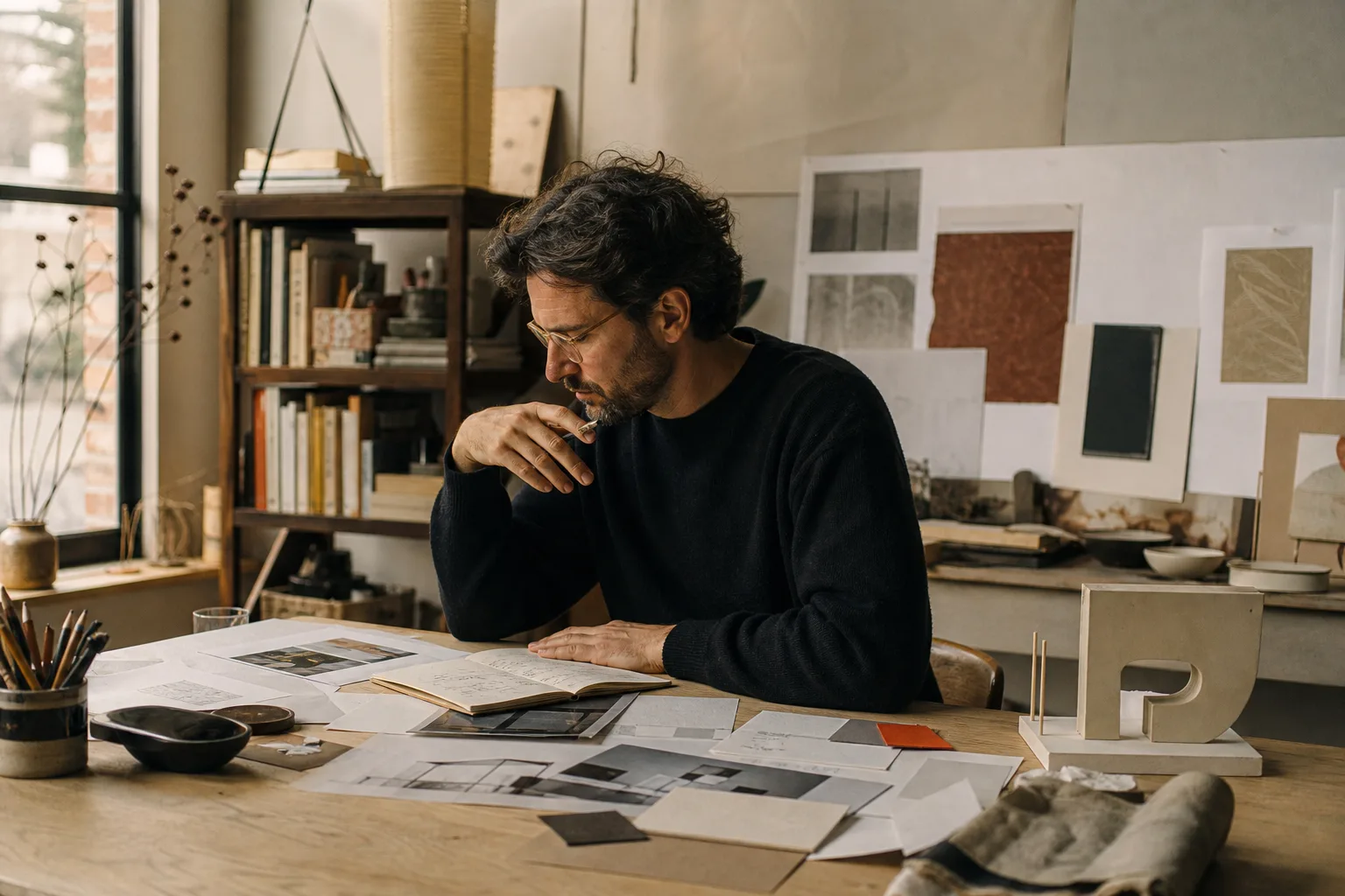 An independent expert reviewing printed work at a studio table